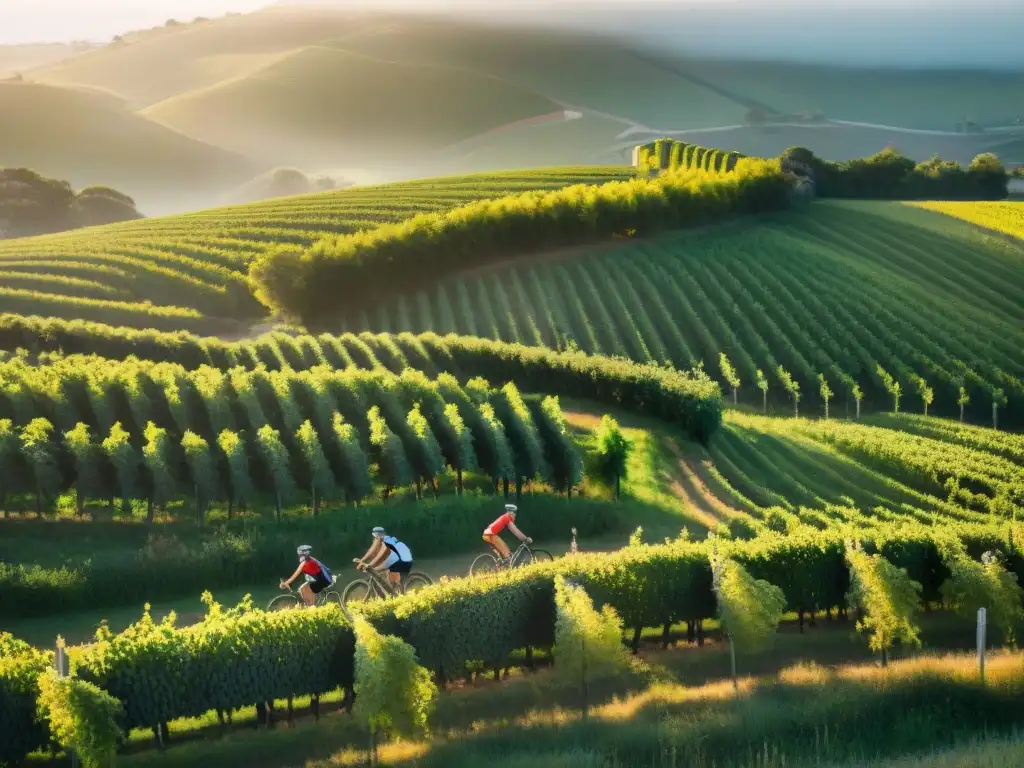 Un grupo de ciclistas recorre las Rutas del vino en bicicleta en Uruguay al atardecer, mostrando camaradería y aventura