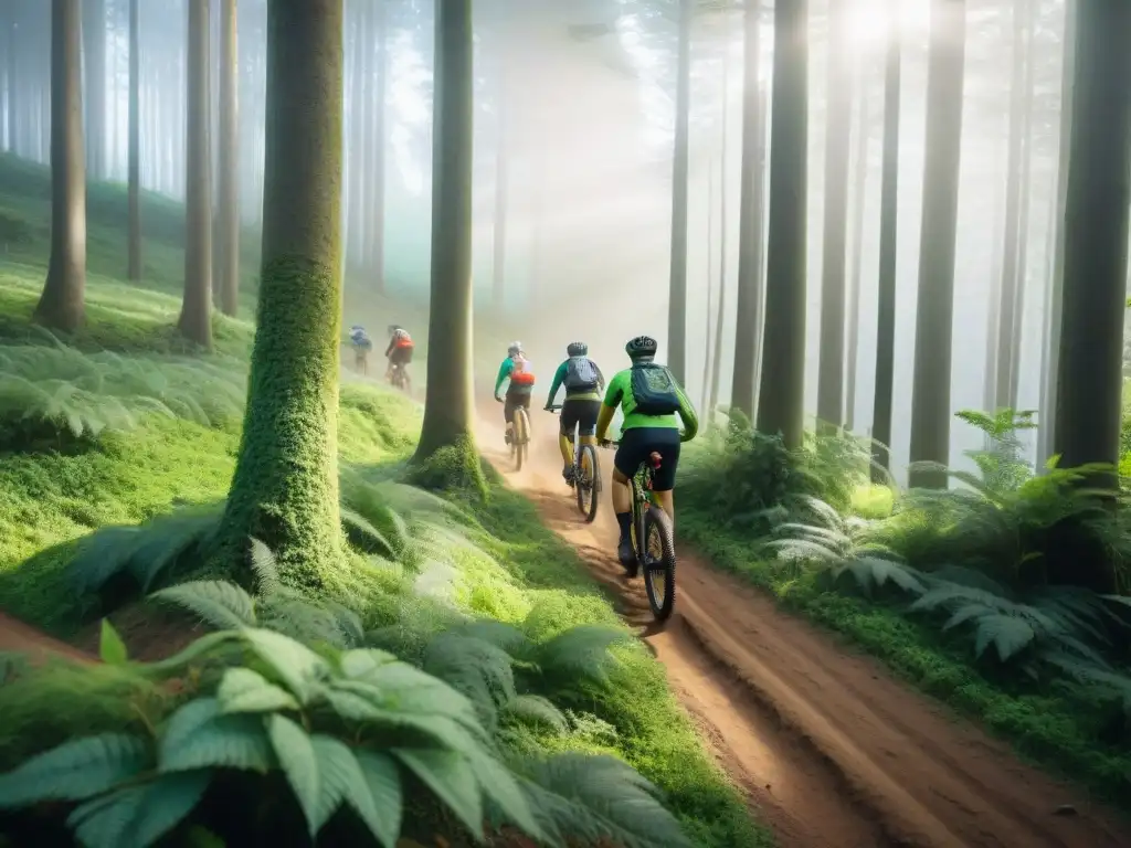 Grupo de ciclistas de montaña en Uruguay disfrutando de un sendero natural entre árboles verdes en un día soleado