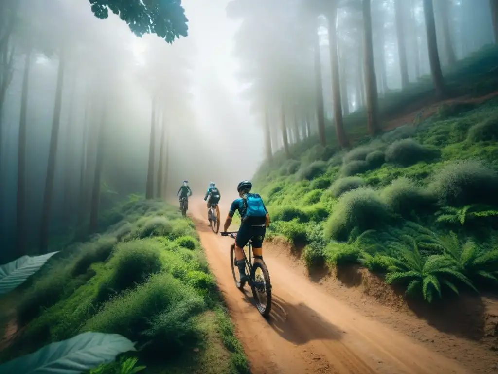 Grupo de ciclistas de montaña recorriendo sendero en Uruguay rodeados de naturaleza exuberante