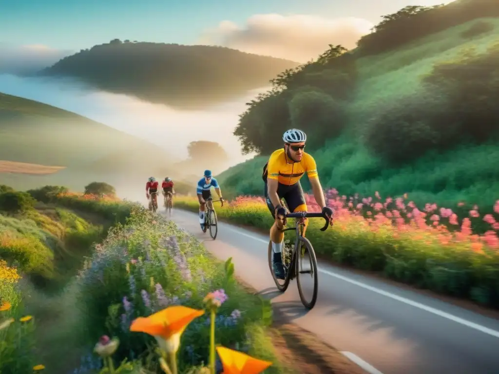 Un grupo de ciclistas diversos pedaleando por un sendero verde y florido al atardecer en Uruguay