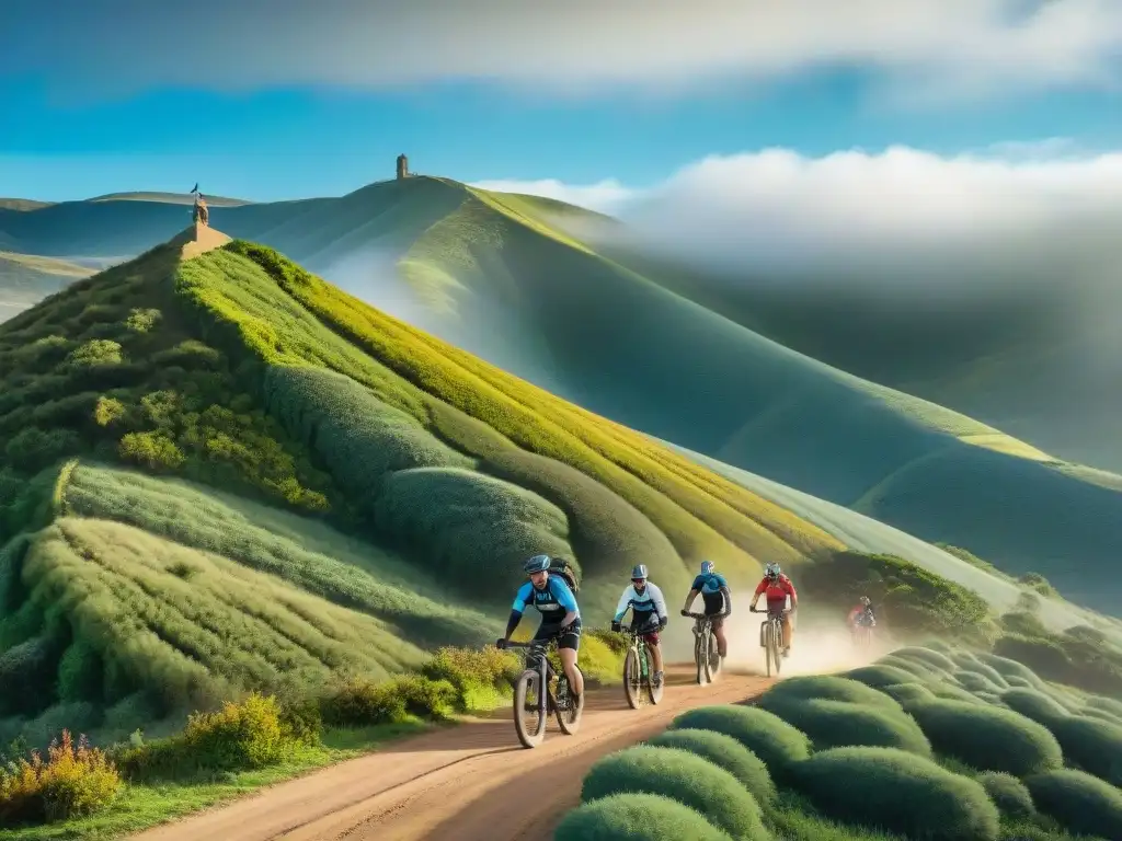 Un grupo de ciclistas recorriendo senderos en la exuberante naturaleza de Uruguay