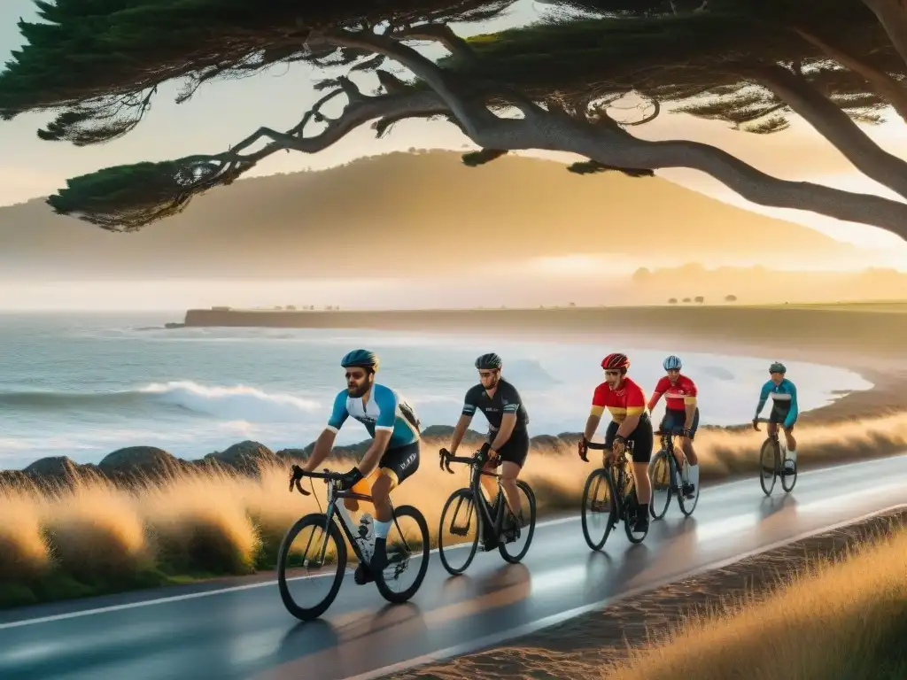 Grupo de ciclistas disfrutando del turismo en Uruguay en bicicleta al atardecer, con una cálida luz dorada iluminando el escenario costero