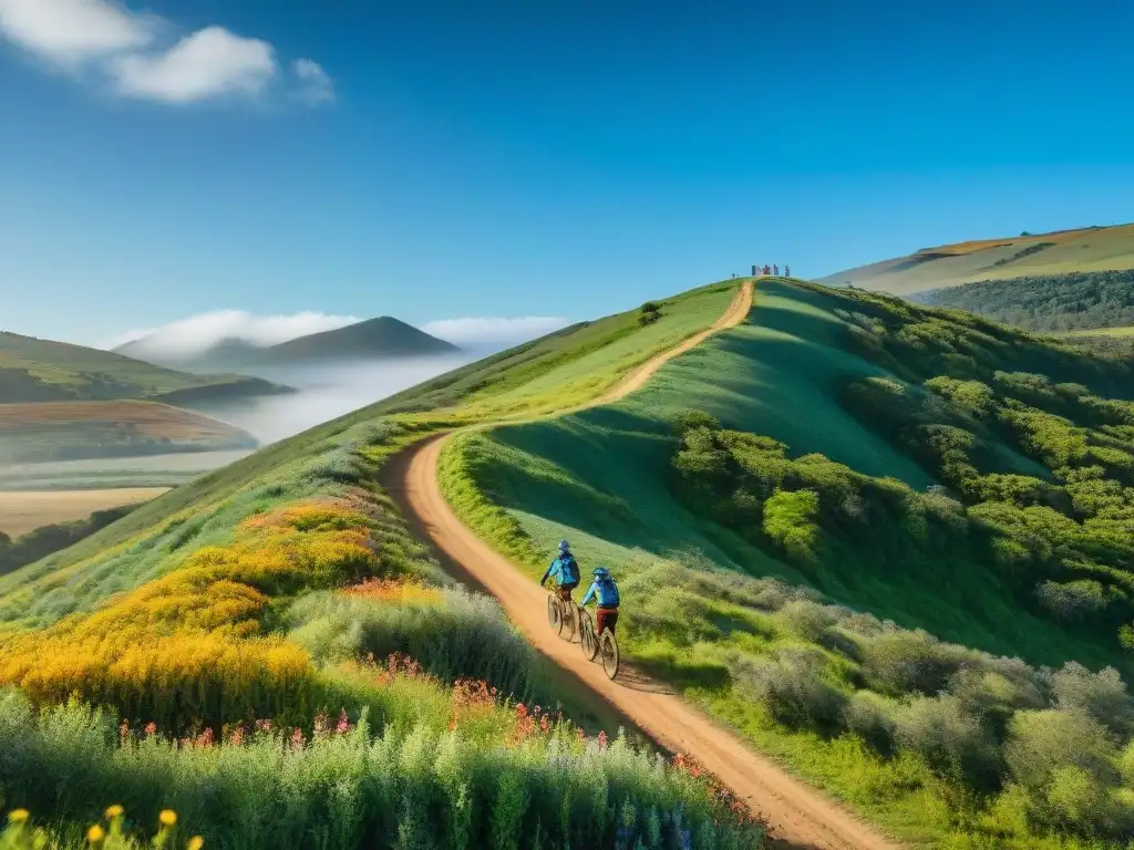 Grupo de ciclistas de montaña cruzando un valle verde en Uruguay, rodeados de naturaleza exuberante y flores silvestres