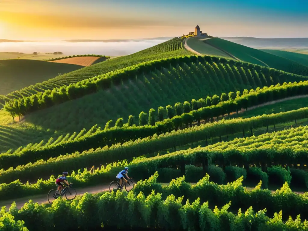 Un grupo de ciclistas pedaleando entre viñedos en Uruguay al atardecer, transmitiendo aventura y belleza