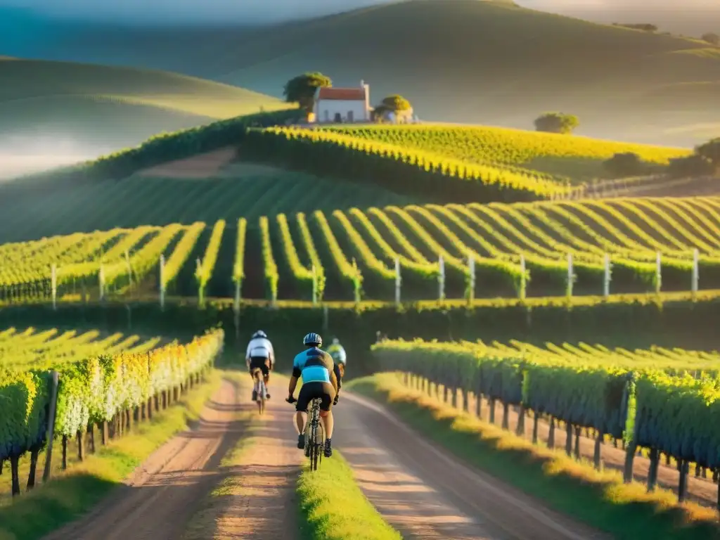 Un grupo de ciclistas recorre viñedos en Uruguay al atardecer, rodeados de coloridos paisajes