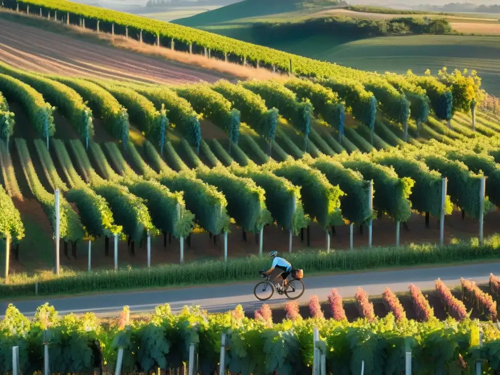 Un grupo de ciclistas recorriendo los viñedos de Uruguay al atardecer, una experiencia única de ciclismo entre la naturaleza y el vino