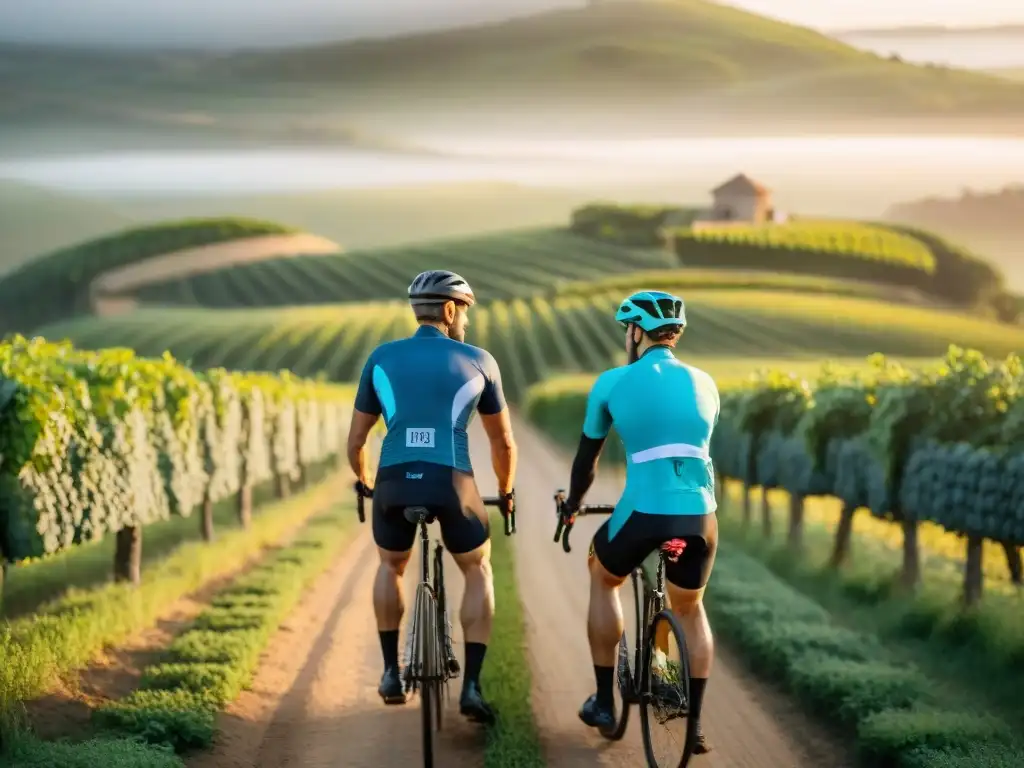 Grupo de ciclistas recorriendo viñedos en Uruguay al atardecer, creando escena pintoresca