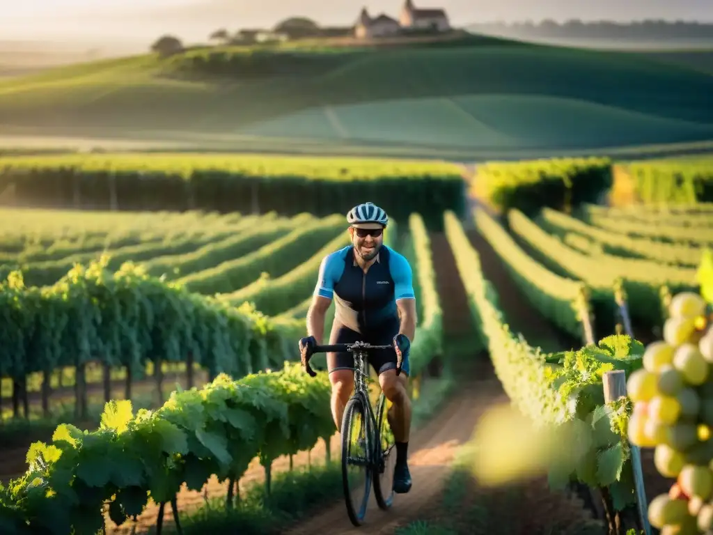 Un grupo de ciclistas pedaleando entre viñedos verdes en Uruguay al atardecer, creando una escena pintoresca de ciclismo y naturaleza