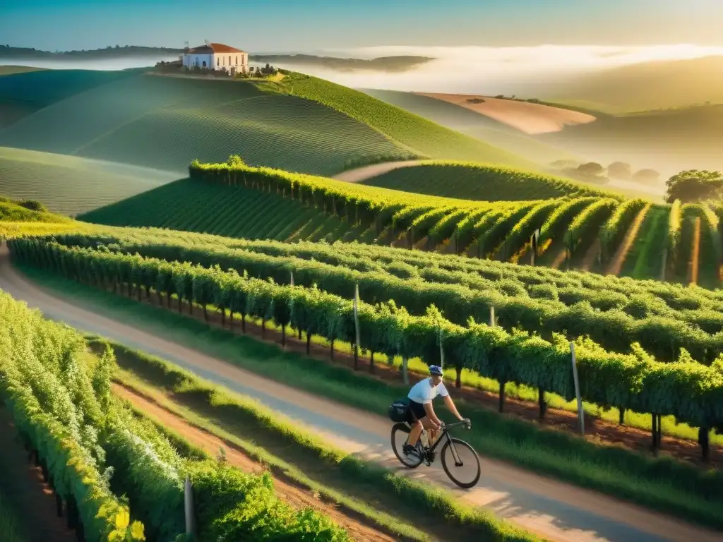 Un grupo de ciclistas recorriendo viñedos verdes en Uruguay al atardecer, cerca de bodegas tradicionales