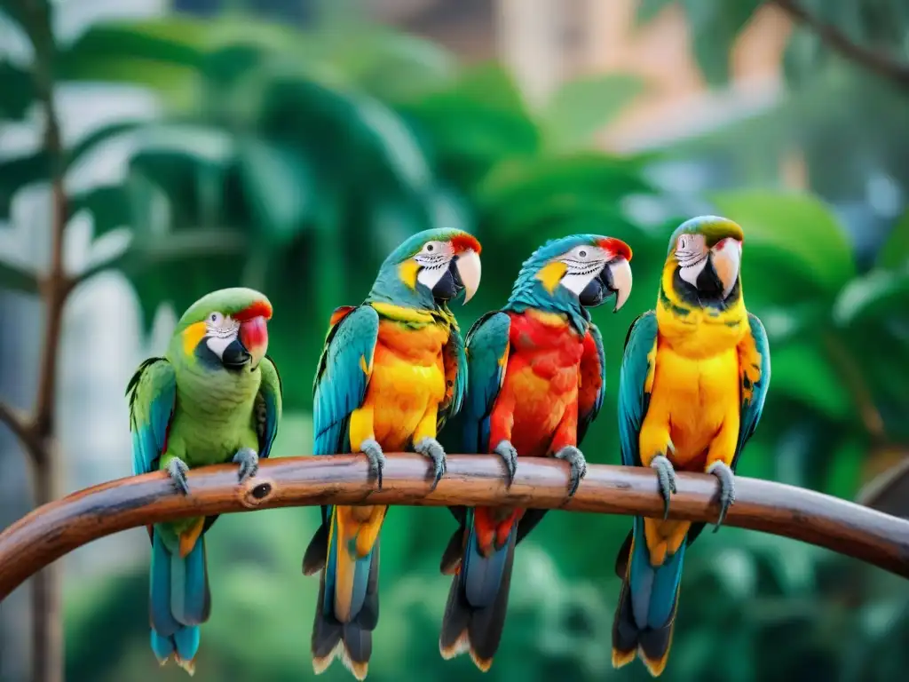 Un grupo de coloridos loros en una rama de árbol en un parque urbano de Montevideo