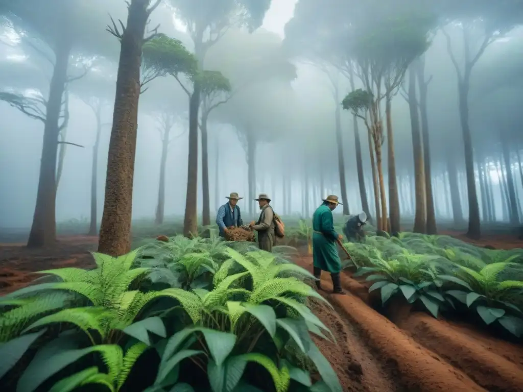 Grupo de conservacionistas plantando árboles nativos en un bosque exuberante de Uruguay