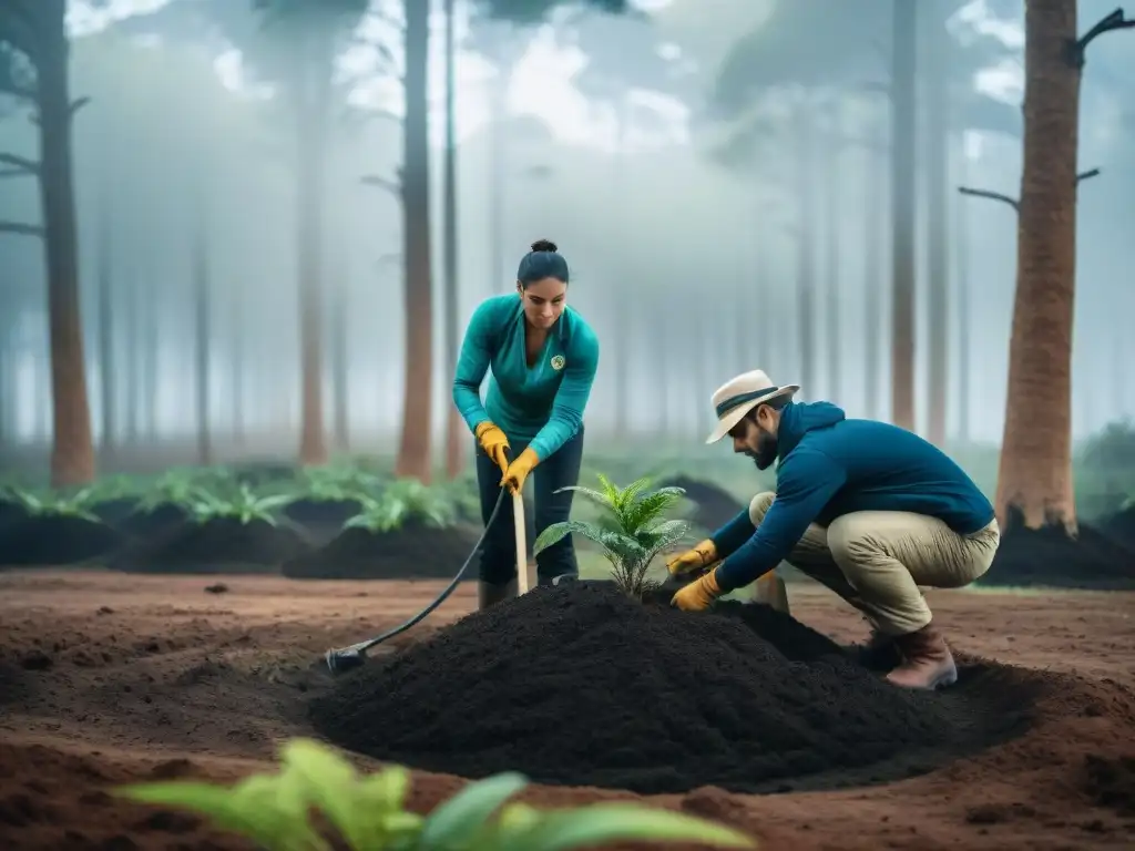 Grupo de conservacionistas plantando árboles nativos en un bosque exuberante de Uruguay, destacando proyectos sorprendentes de ecoturismo