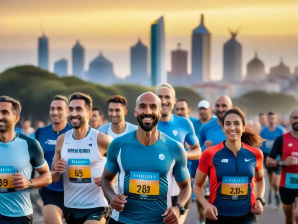 Grupo de corredores con camisetas de maratones históricos Uruguay en la Rambla de Montevideo al atardecer, transmitiendo determinación y camaradería