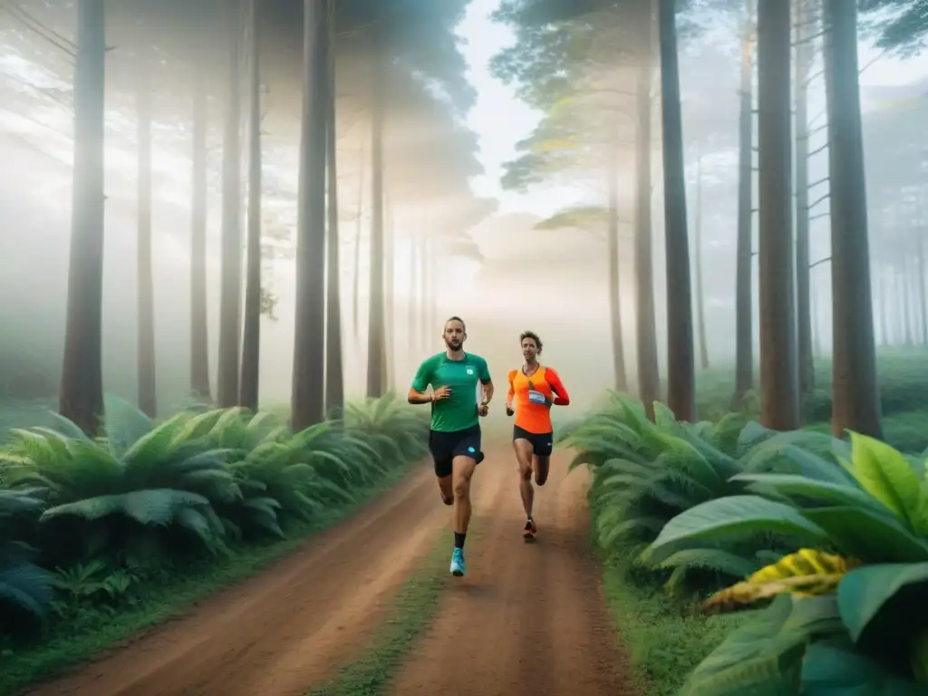 Grupo de corredores en EcoCarreras en Uruguay, corriendo en bosque verde con armonía y espíritu ecoamigable