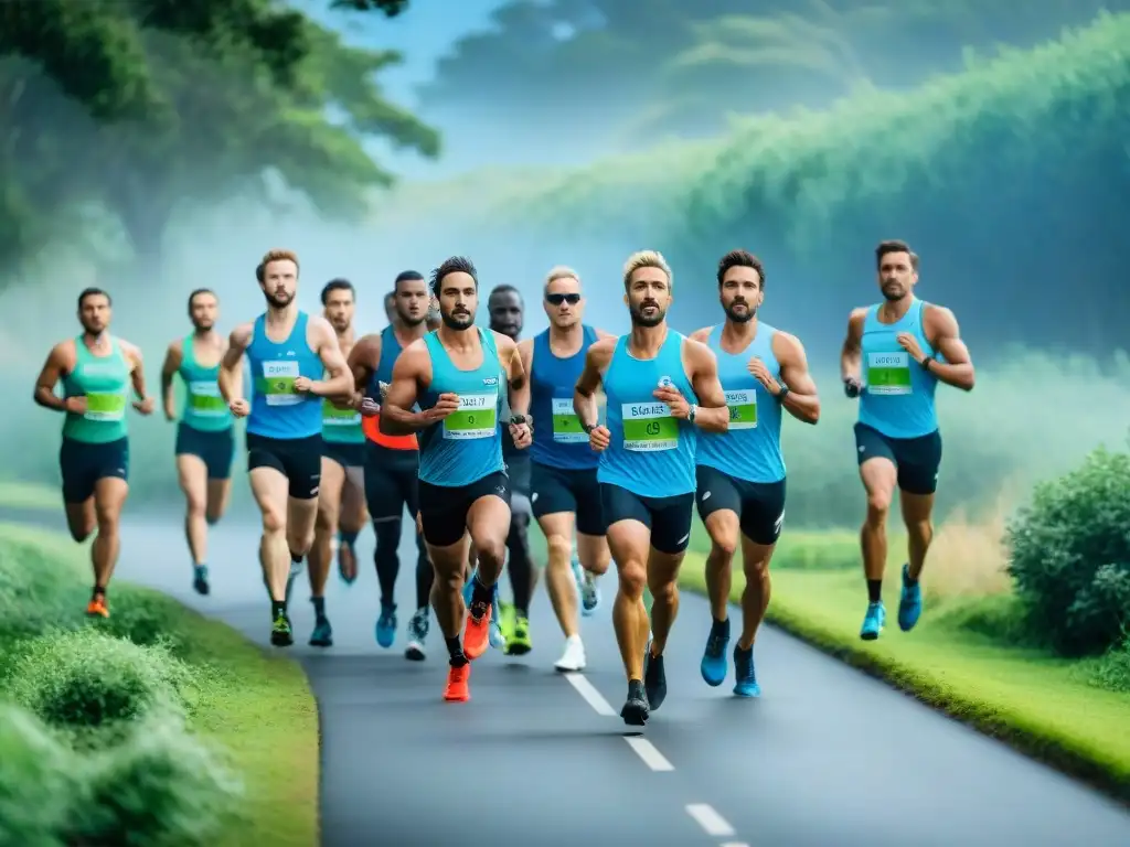 Un grupo de corredores diversos participando en Ecocarreras en Uruguay, rodeados de naturaleza y cielos azules