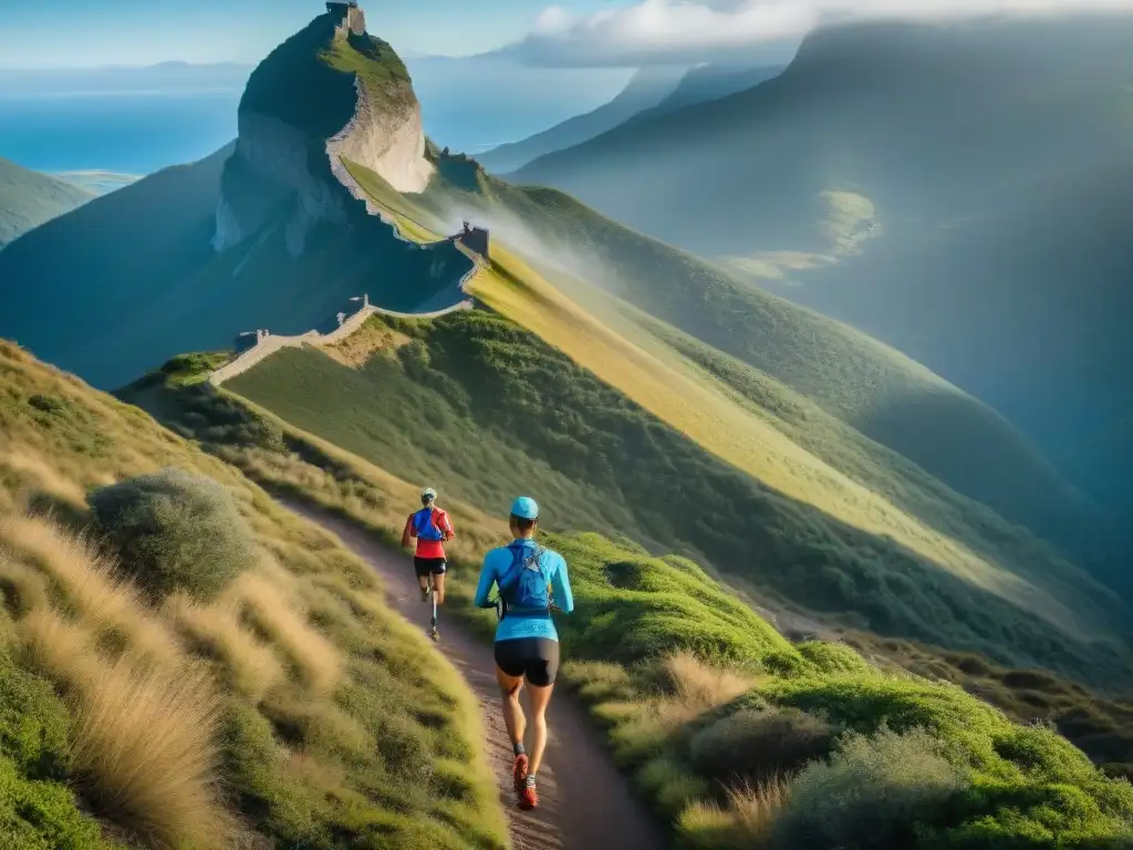 Grupo de corredores ascendiendo empinado sendero en Uruguay, transmitiendo determinación y enfoque