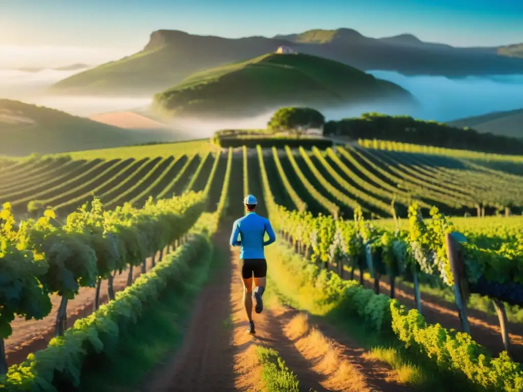 Grupo de corredores entusiastas con ropa colorida corriendo en viñedos de Uruguay al atardecer