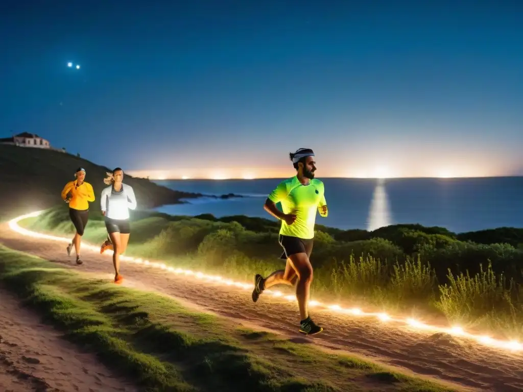 Grupo de corredores con equipamiento reflectante y linternas brillantes, corriendo de noche en ruta costera iluminada en Uruguay