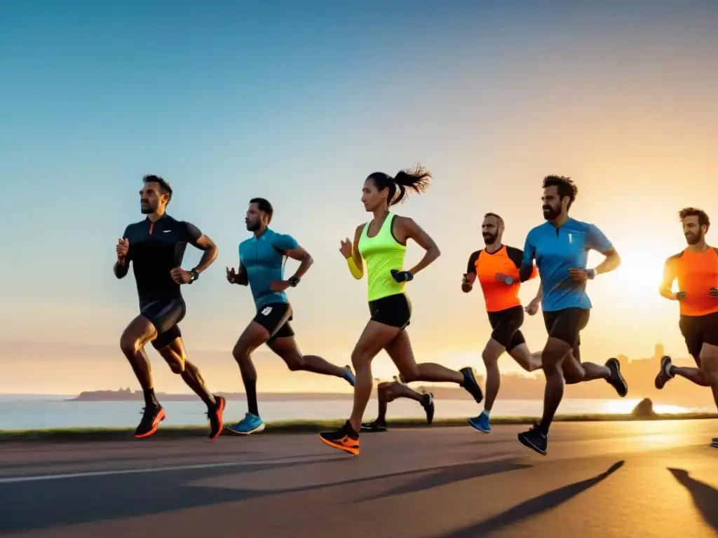 Grupo de corredores con gadgets para correr en Uruguay al atardecer en la costa de Montevideo