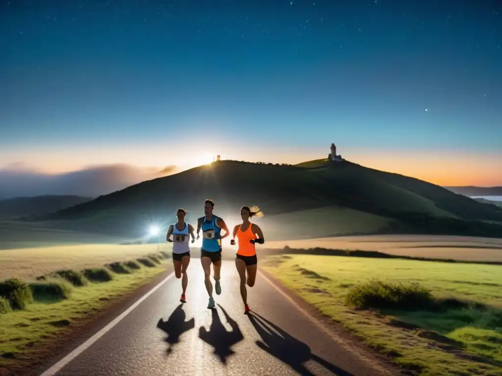 Grupo de corredores iluminados por la luna en carreras nocturnas únicas en Uruguay