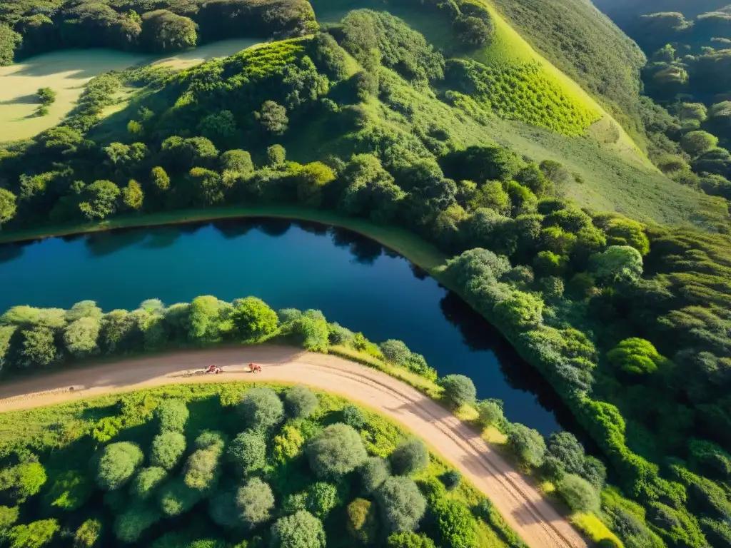 Un grupo de corredores en plena acción, recorriendo un sendero sinuoso entre bosques verdes y colinas en Uruguay