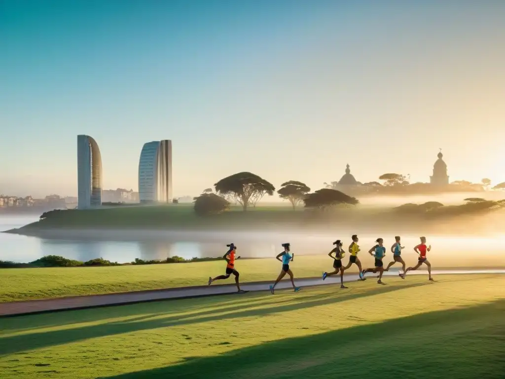 Grupo de corredores principiantes estirando en Parque Rodó al amanecer, con el monumento La Carreta al fondo, en Uruguay