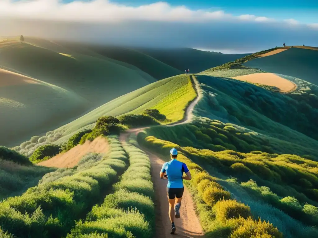 Un grupo de corredores explorando rutas inéditas en Uruguay, con paisajes verdes y cielo azul