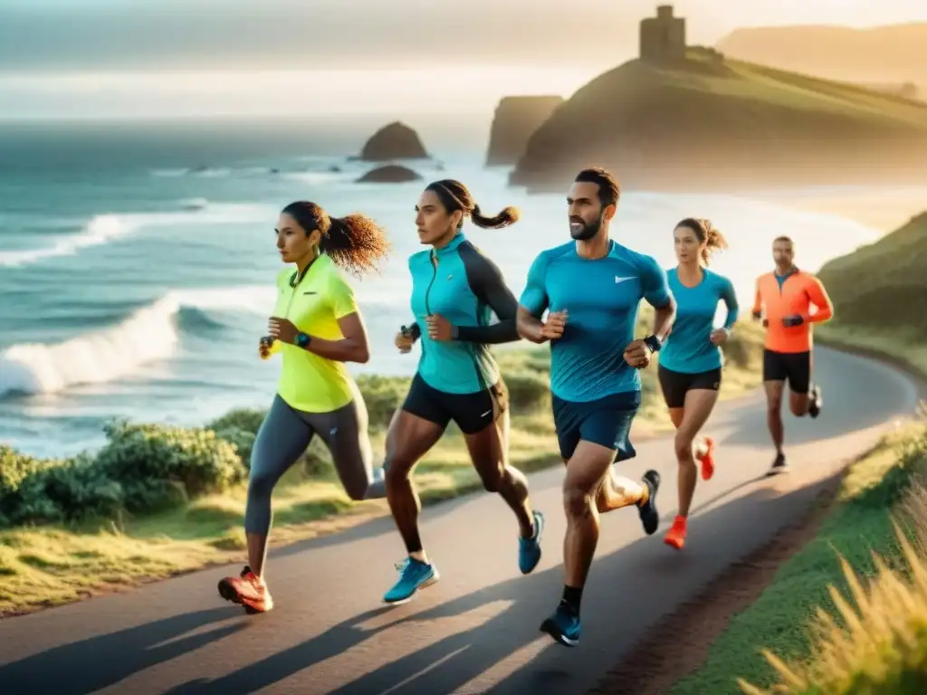 Grupo de corredores variados estirando juntos al amanecer en la costa de Uruguay, con olas del mar de fondo