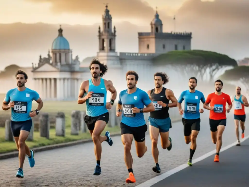 Grupo de corredores en Uruguay, con vestimenta vintage y landmarks históricos de fondo