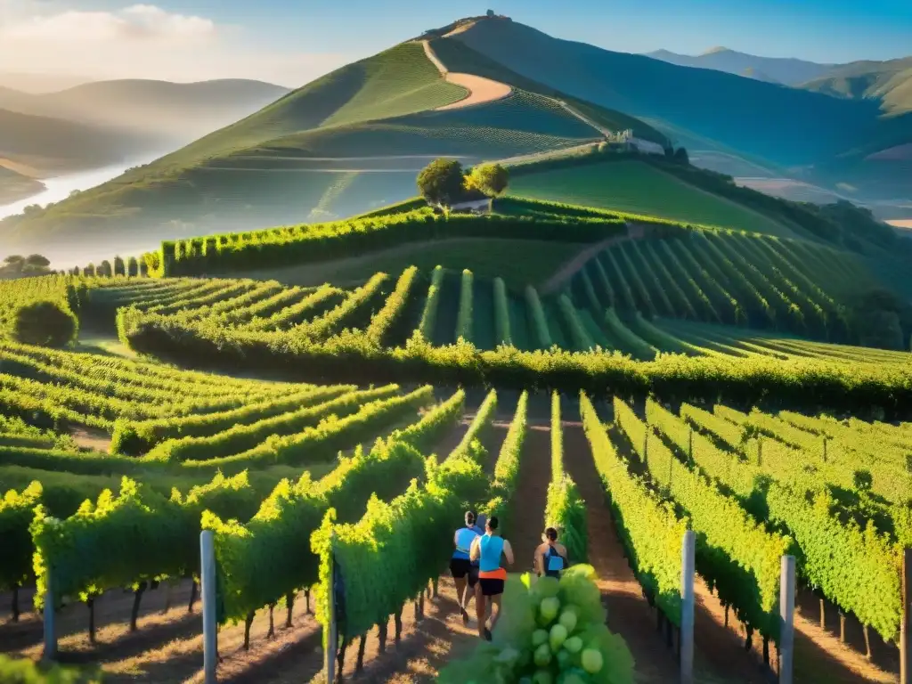 Un grupo de corredores en viñedos de Uruguay, rodeados de uvas maduras bajo el cálido sol dorado