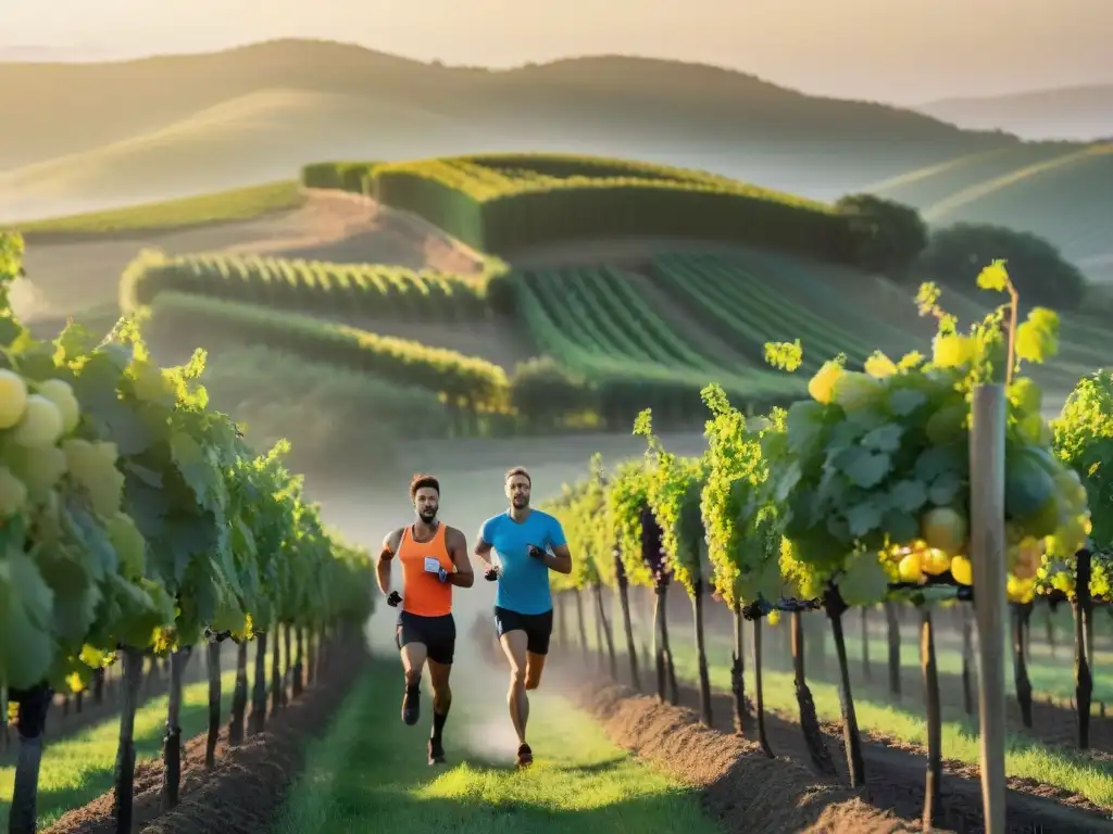 Grupo de corredores en viñedos uruguayos al atardecer, combinando naturaleza y running