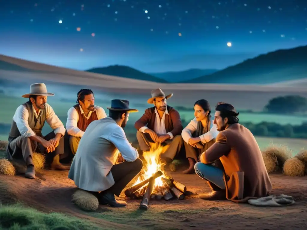 Grupo de gauchos contando cuentos y leyendas campo uruguayo alrededor de fogata bajo cielo estrellado