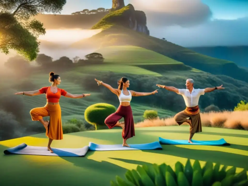 Grupo en danza tradicional gaucha al atardecer, entre vegetación exuberante