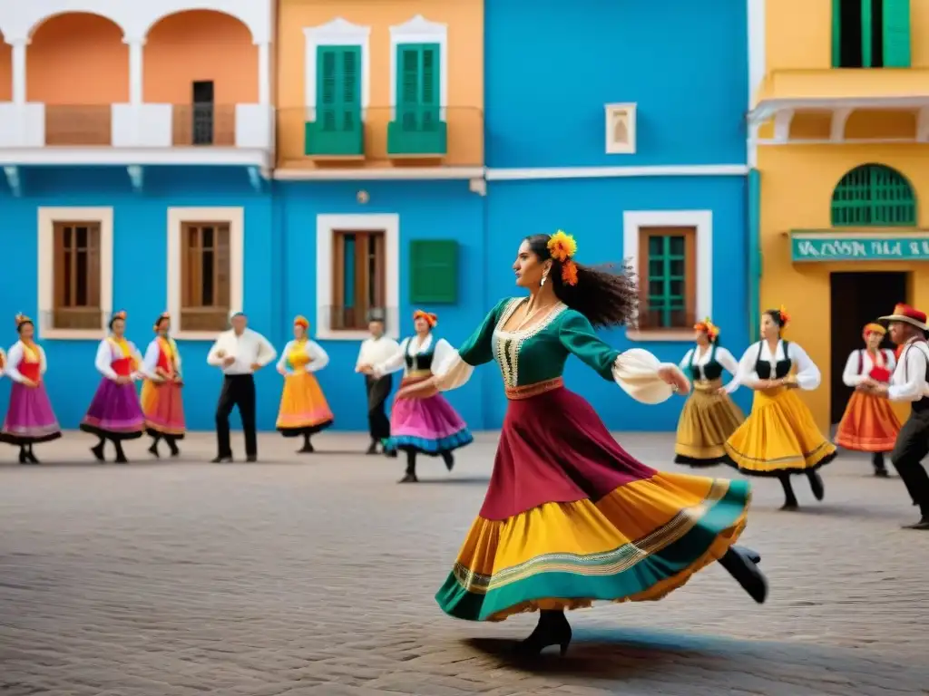 Grupo bailando danzas folclóricas en plaza uruguaya