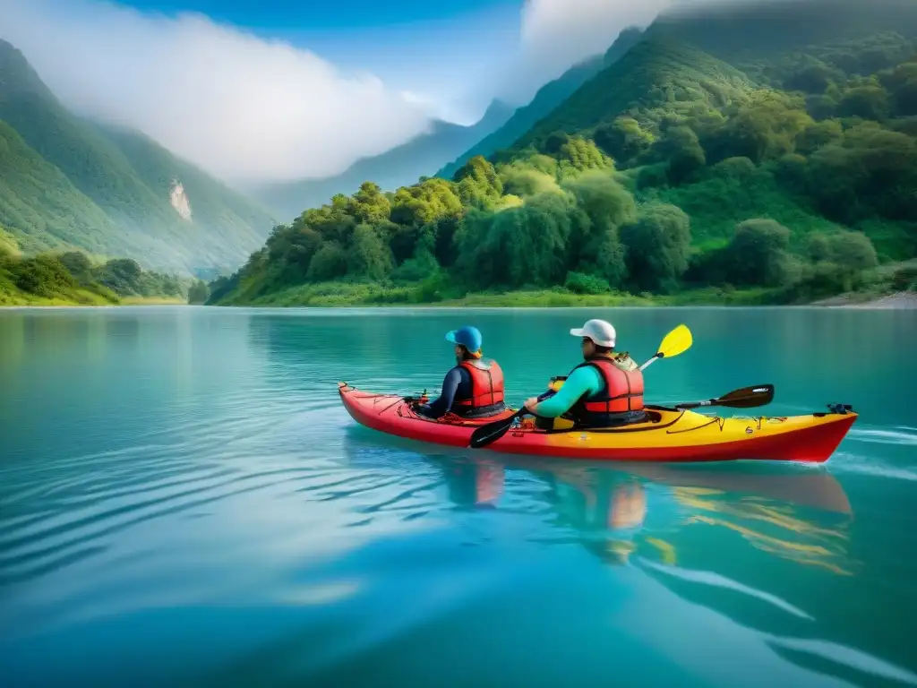 Kayakers en acción: seguridad y aventura en aguas tranquilas Grupo diverso de kayakers remando en aguas tranquilas, rodeados de montañas verdes y cielo azul