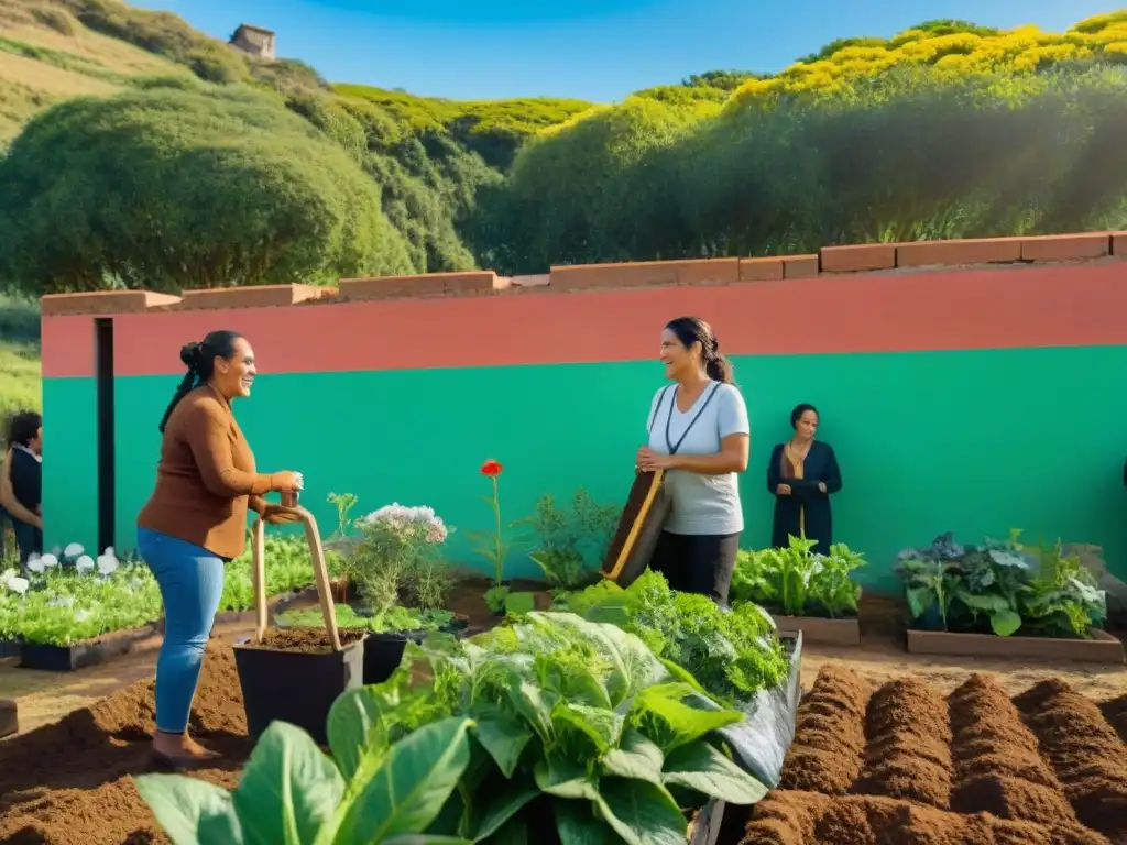 Un grupo diverso trabaja con alegría en un jardín comunitario verde en Uruguay