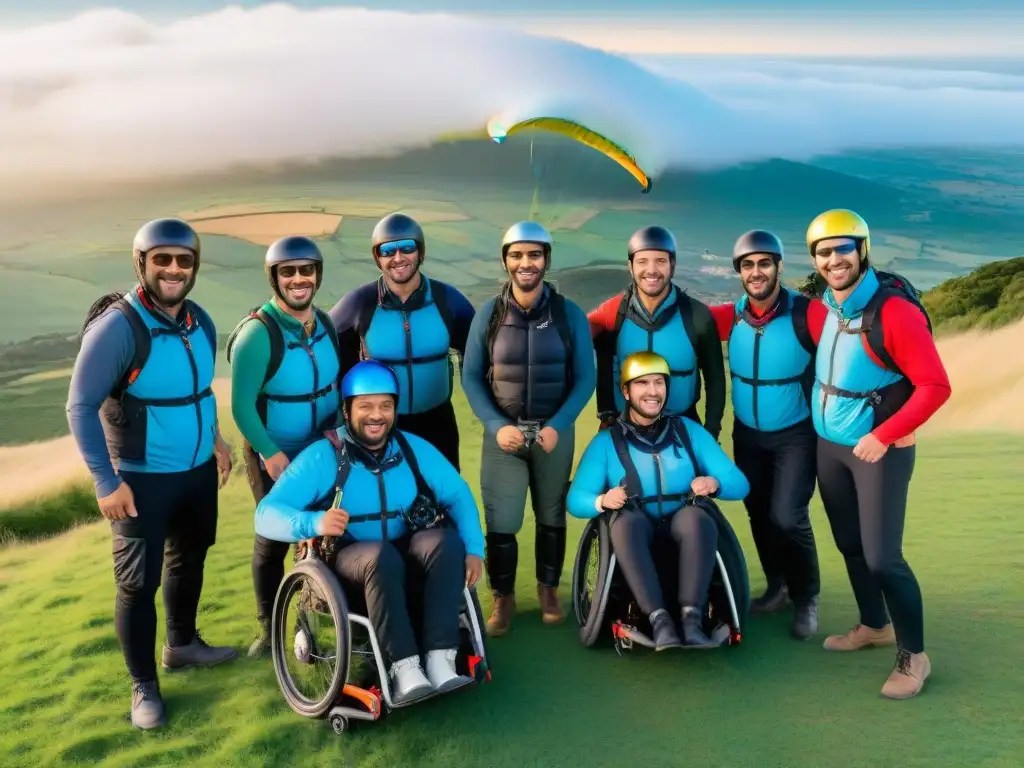 Grupo diverso se prepara con alegría para emocionante aventura de parapente accesible para discapacitados en Uruguay