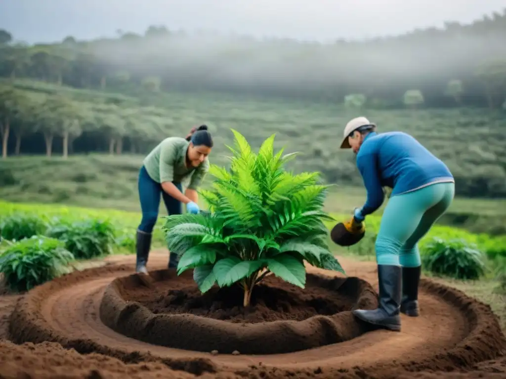 Grupo diverso planta árboles en ecolodge sostenible en Uruguay, fomentando impacto social