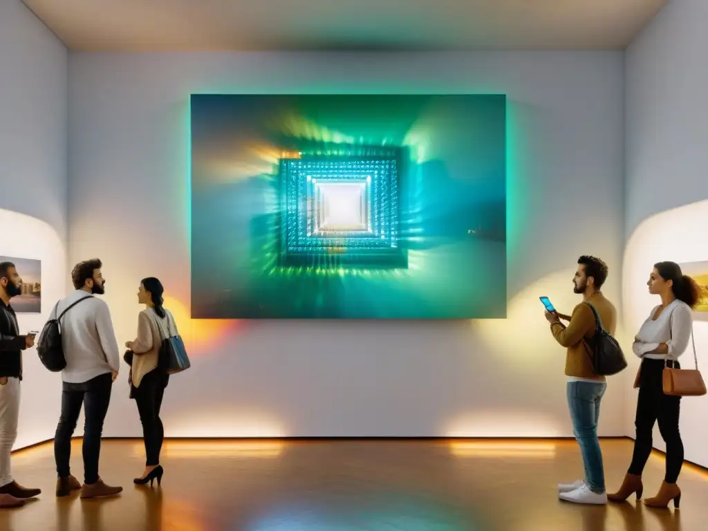 Grupo diverso de artistas discutiendo una instalación de arte digital en una galería en Uruguay