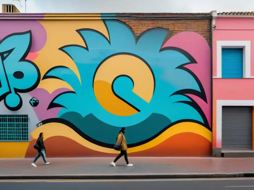 Grupo diverso de artistas urbanos creando mural vibrante en Montevideo, Uruguay