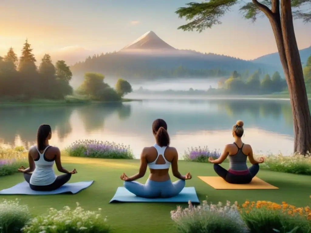 Un grupo diverso practica yoga al atardecer en un paisaje sereno con un lago