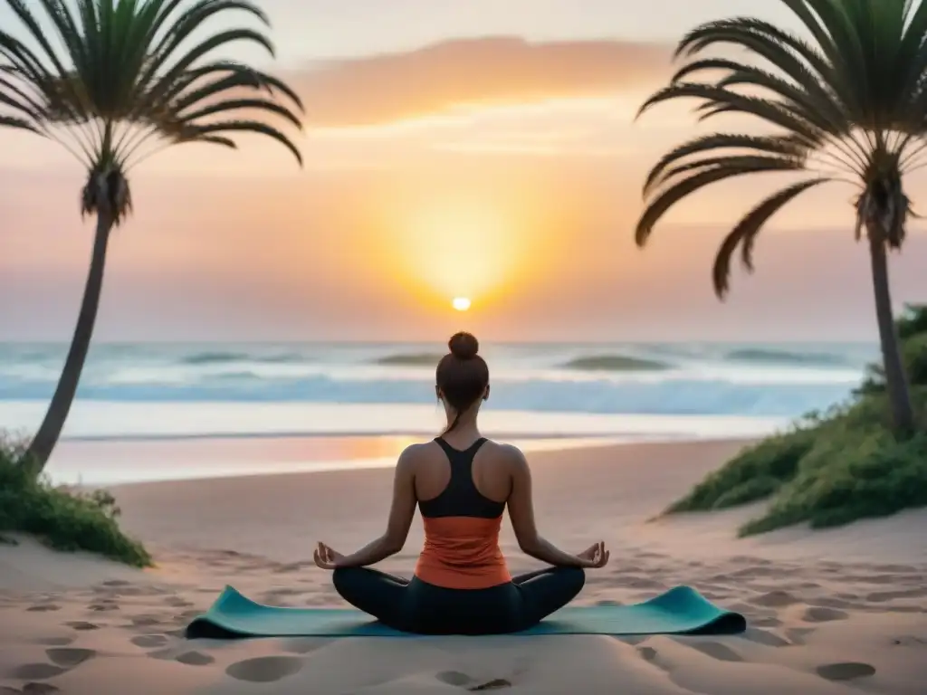 Un grupo diverso practica yoga al atardecer en una playa de Uruguay