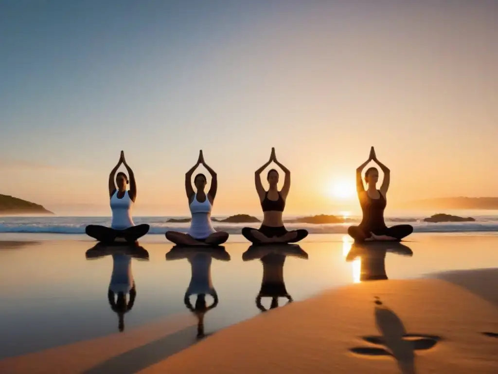 Grupo diverso practica yoga al atardecer en la playa de Uruguay, reflejando paz y armonía