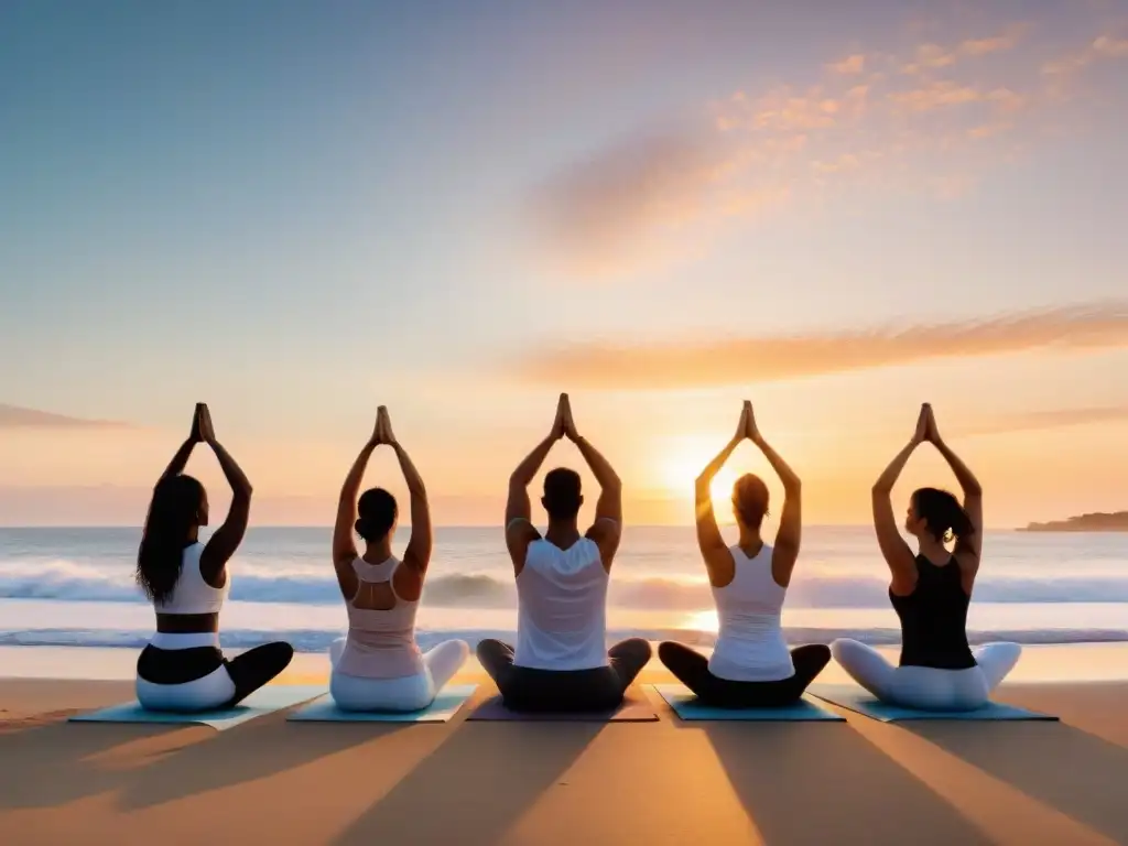 Un grupo diverso practica yoga al atardecer en un retiro en las costas de Uruguay, transmitiendo paz y serenidad