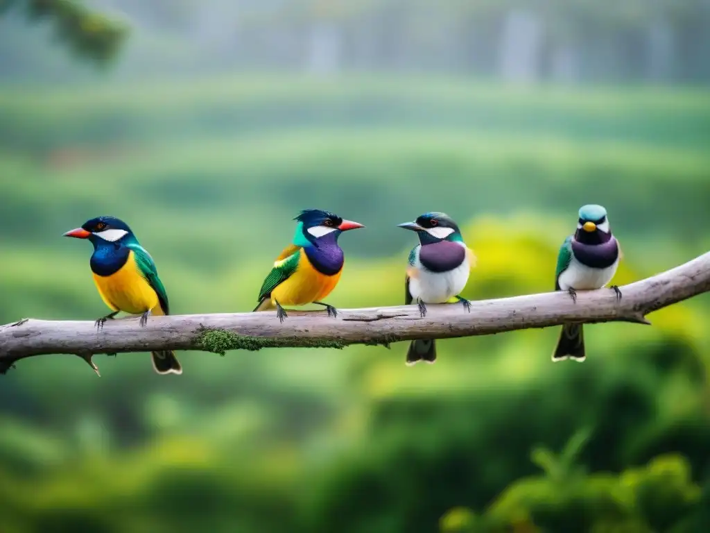 Exótica diversidad de aves en bosque vibrante de Uruguay Grupo diverso de aves coloridas en árboles de un exuberante bosque de Uruguay