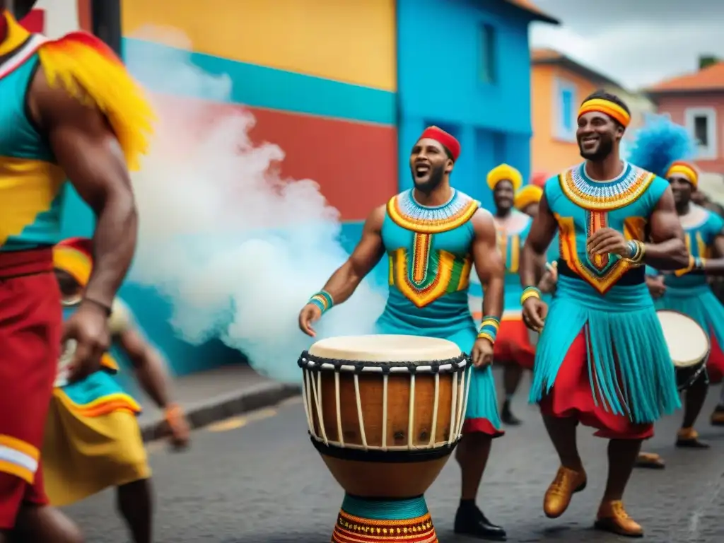 Grupo diverso disfruta de beneficios terapéuticos del candombe en vibrante desfile callejero