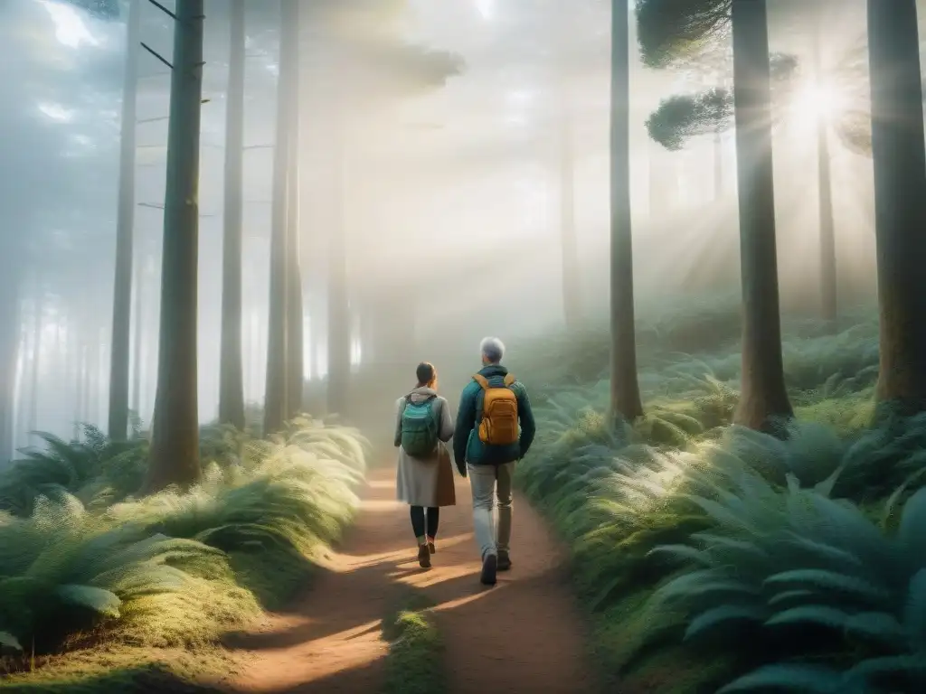 Grupo diverso disfruta de la meditación y mindfulness en caminata por bosque en Uruguay