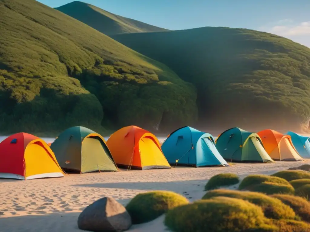 Grupo diverso de campistas montando coloridas carpas en la playa de Uruguay al atardecer