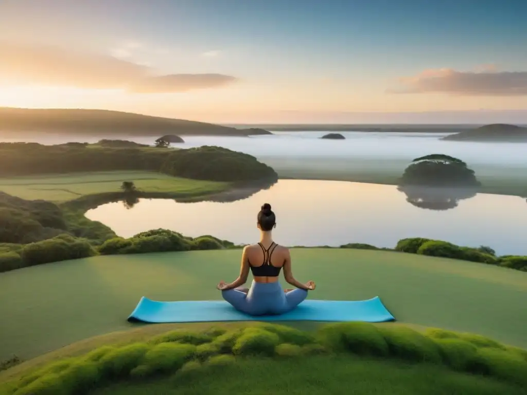 Un grupo diverso practica yoga en un campo verde junto a un lago en Uruguay al atardecer, transmitiendo calma y conexión con la naturaleza