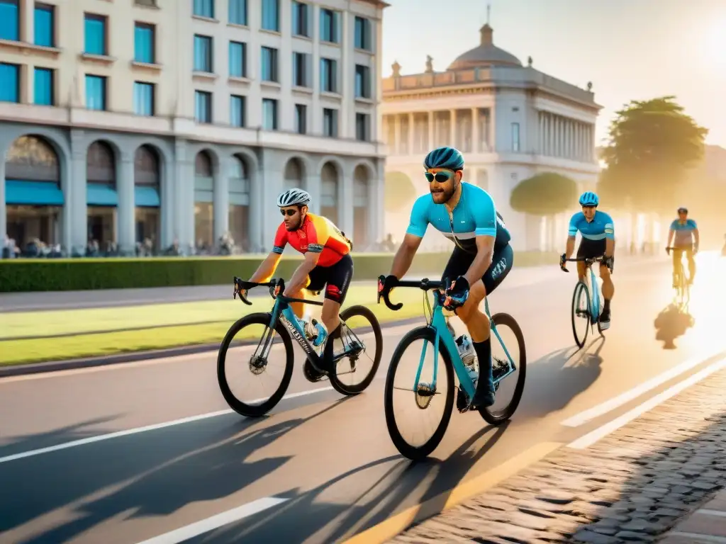 Un grupo diverso de ciclistas disfruta de un amanecer tranquilo en la Rambla de Montevideo